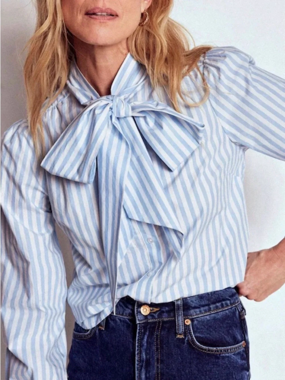 Boden Light Blue and White Striped Bow Tie Blouse